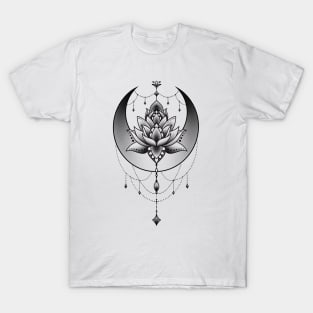 Celestial Crescent Moon and Mandala Lotus Flower T-Shirt